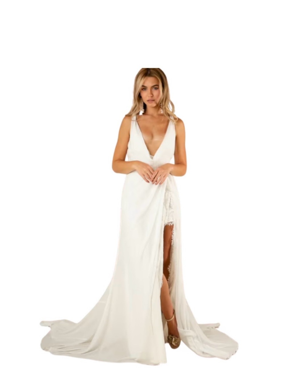 Joyfolie White Deep V Satin Wrap Slit Wedding Gown